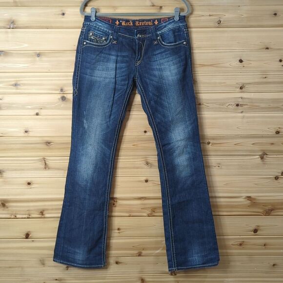 Rock Revival Jeans Womens 29 Blue Sora Bootcut Dark Wash Lowrise 33" Inseam - Picture 1 of 13